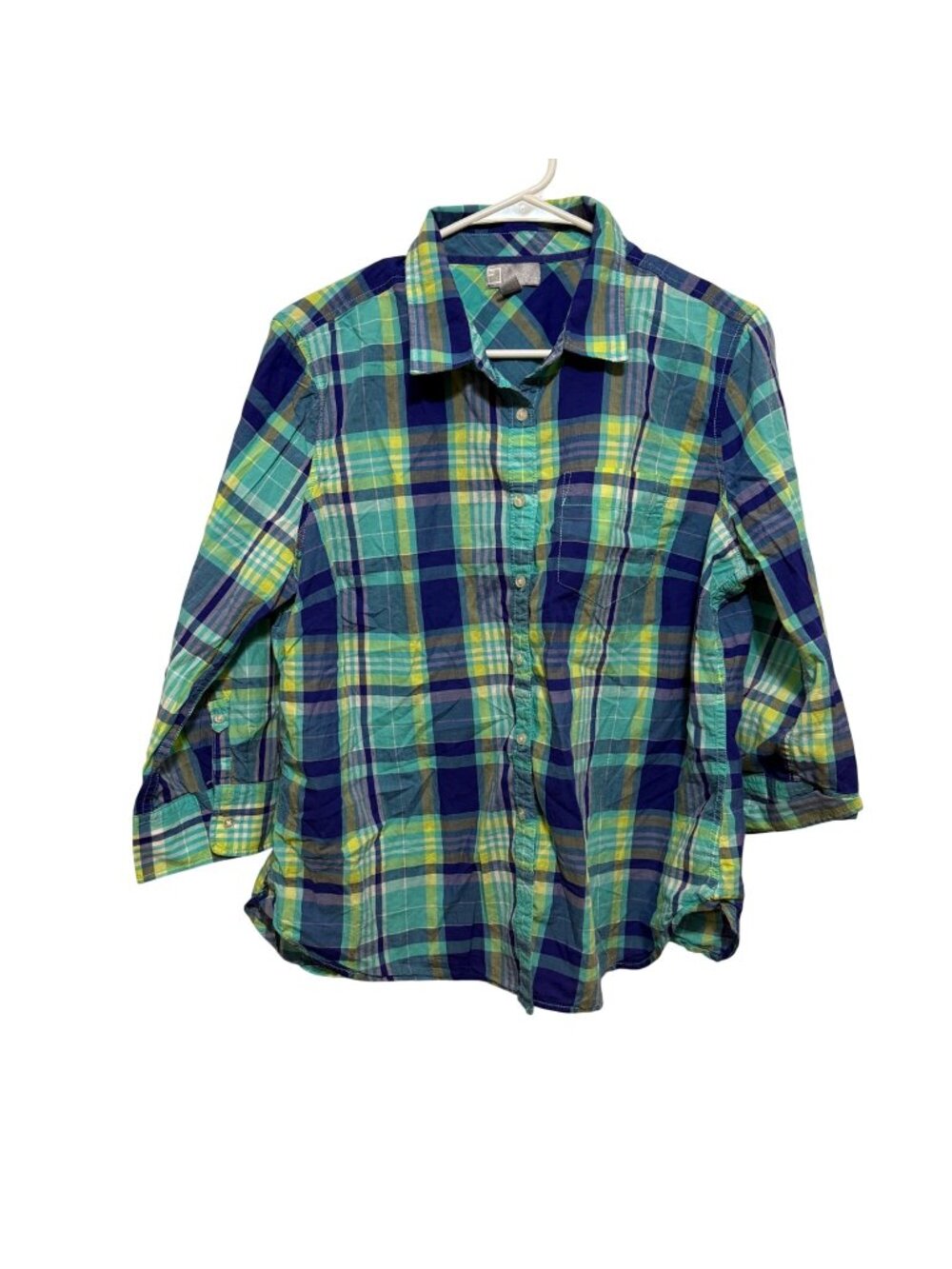 Plaid Button-Up Shirt In Blue & Green Check Design Lightweight Fabric XL Size